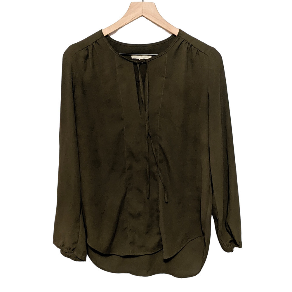 Joan Vass Studio S Brown Long Balloon Sleeve Tie Neck Blouse Top Women's